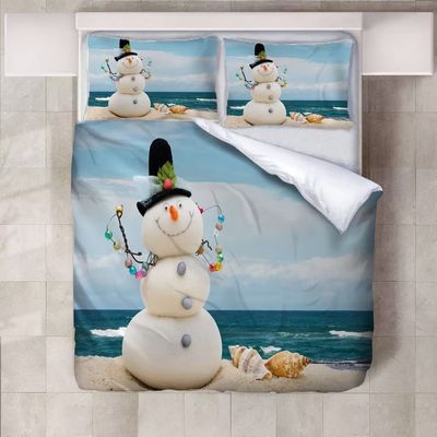 Roadchoice Christmas Snowman by The Sea Duvet Cover Queen Set,Two Conch Comforter Cover 3PCS for Boys Girls, Christmas Decor 1 Duvet Cover with 2 Pillowcase Bedclothes with Zipper