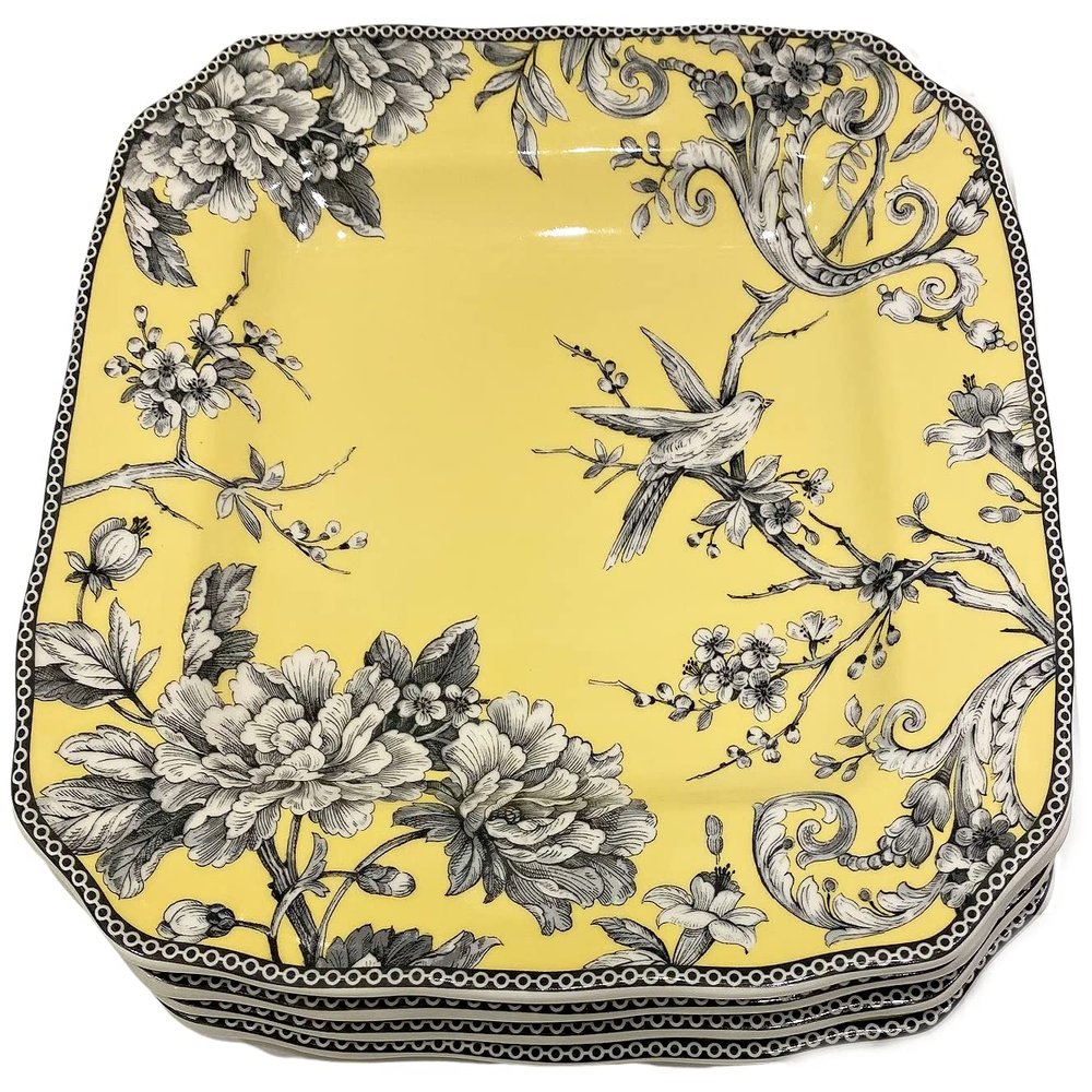 222 Fifth Adelaide Yellow & Gray Toile Fine China / Porcelaine Square Dinner Plates | Set of 4