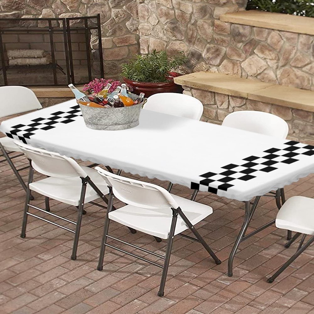 Elastic Edged Polyester Fitted Table Cover for 8 Ft Rectangle Tables Waterproof Lightweight Tablecloth Farmhouse Style Retro Black and White Buffalo Check Plaid Spillproof Wrinkle Free Table Cloth