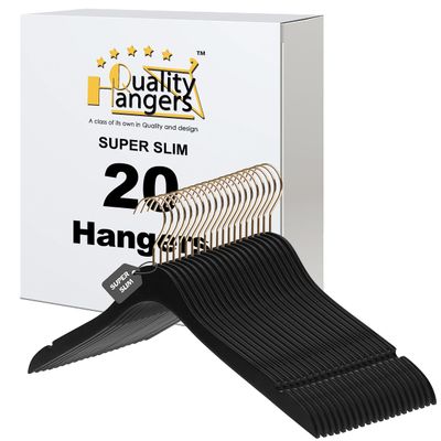 20 Luxury 16.5" Ultra Thin Space Saving Black Wooden Hangers, 360 Degree Swivel Hook, Best for Suit, Coat Hangers Shirts, Blouses, Pant, Dress Hangers Black with Gold Hook (Black, No Bar, 20)