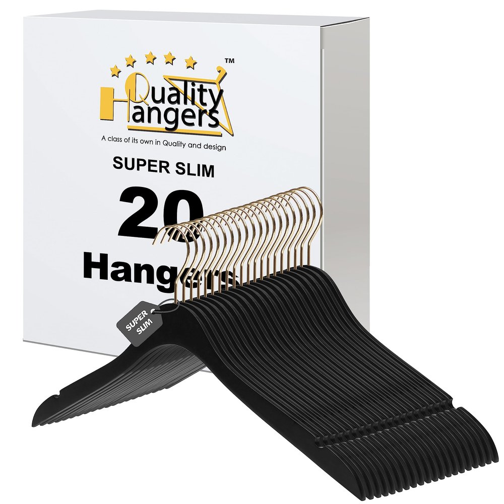 20 Luxury 16.5" Ultra Thin Space Saving Black Wooden Hangers, 360 Degree Swivel Hook, Best for Suit, Coat Hangers Shirts, Blouses, Pant, Dress Hangers Black with Gold Hook (Black, No Bar, 20)