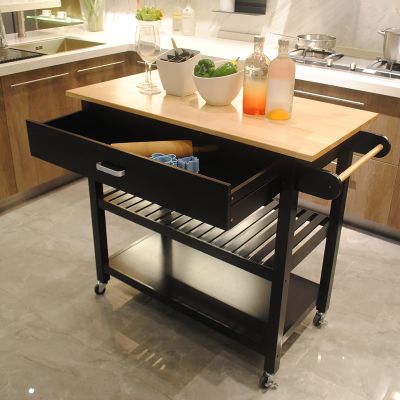 Compact Kitchen Island, Wood Kitchen Island Cart with 2 Large Open Storage Shelves Rolling Trolley Cart with Drawer with Towel Rack Utility Storage Cabinet, for Small Space, Dining Room