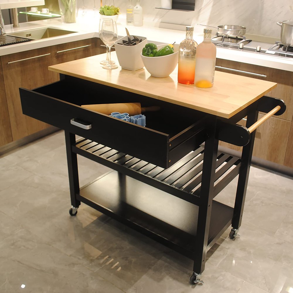 Compact Kitchen Island, Wood Kitchen Island Cart with 2 Large Open Storage Shelves Rolling Trolley Cart with Drawer with Towel Rack Utility Storage Cabinet, for Small Space, Dining Room