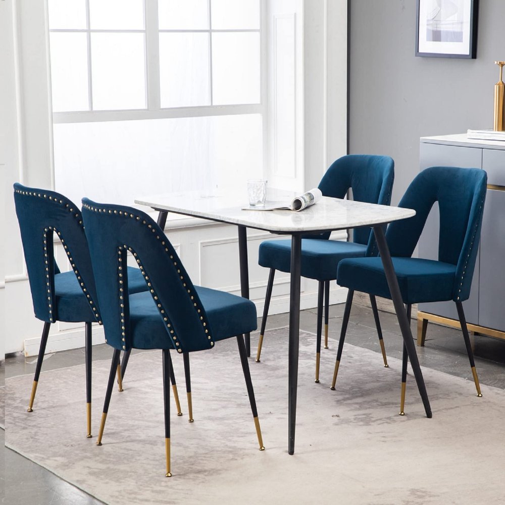 Rhomtree Set of 4 Kitchen Chair Modern Upholstered Dining Chairs Desk Chair Side Chair with Metal Legs Fabric Dining Comfy Accent Chair (Blue, Set of 4)
