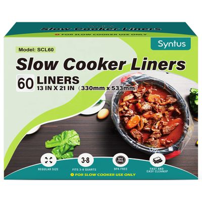 Syntus Slow Cooker Liners, 60 Count Cooking Bags Large Size Disposable Pot Liner Plastic Bag, Fit 3QT to 8QT for Slow Cooker Cooking Trays, 13"x 21", 60 Liners