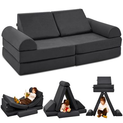 jela Kids Couch Safety Certified Play Couch Soft Kids Sofa with Machine Washable Cover Thick Foam Fort Building Set for Playroom Indoor (57"x28"x18", Charcoal)