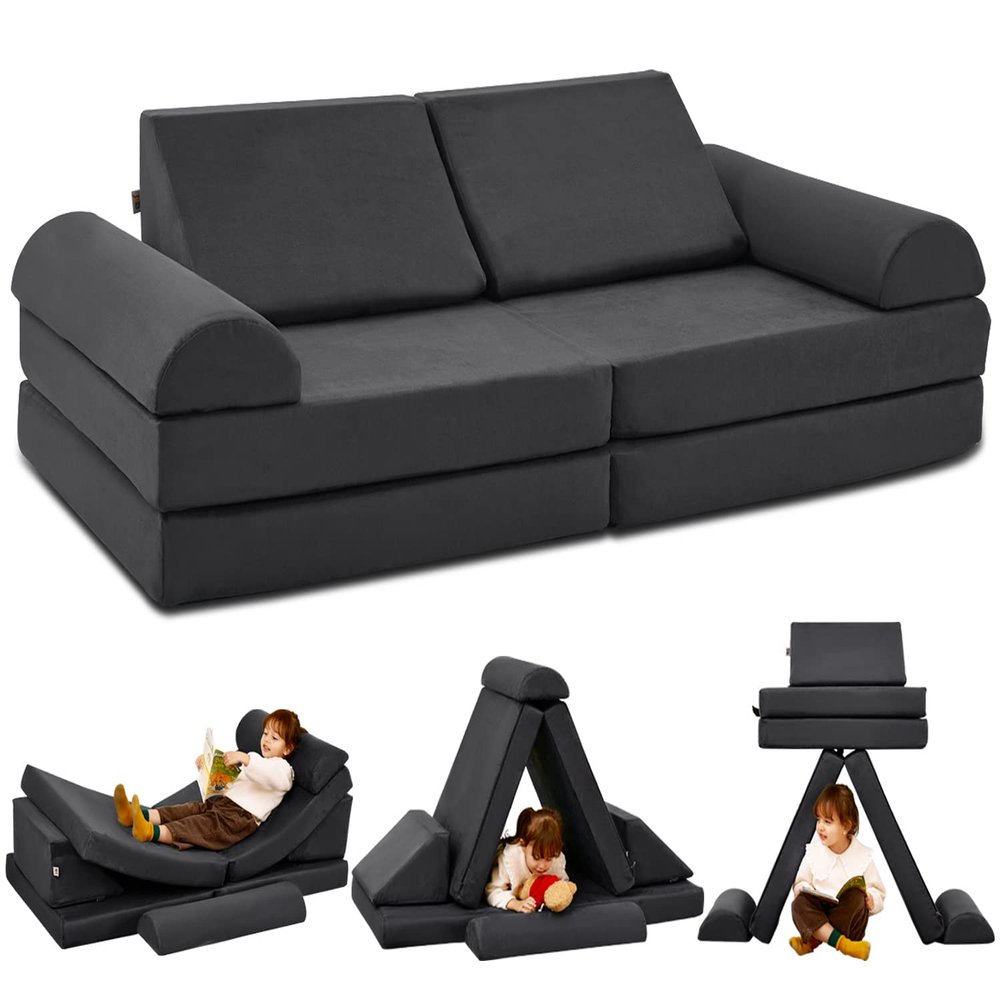 jela Kids Couch Safety Certified Play Couch Soft Kids Sofa with Machine Washable Cover Thick Foam Fort Building Set for Playroom Indoor (57"x28"x18", Charcoal)