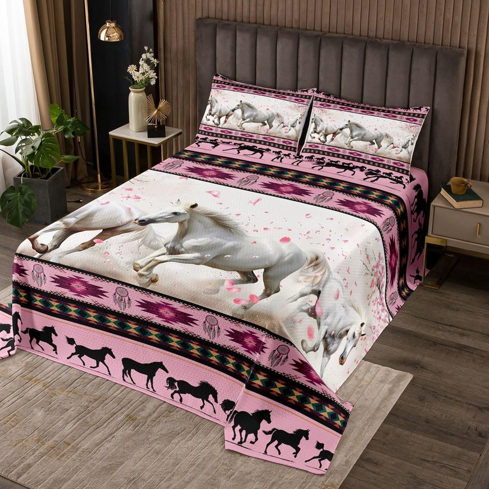 Aztec Bedspread African Tribal Horse Printed Quilted,Farm Animals Coverlet Set Ethnic Tribe Arrow Dream Catcher Quilt Set Queen,Southwest Native Exotic Nordic Style Room Decor