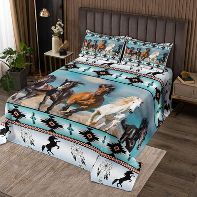 Aztec Bedspread African Tribal Horse Printed Quilted,Farm Animals Coverlet Set Ethnic Tribe Arrow Dream Catcher Quilt Set Twin,Southwest Native Exotic Nordic Style Room Decor