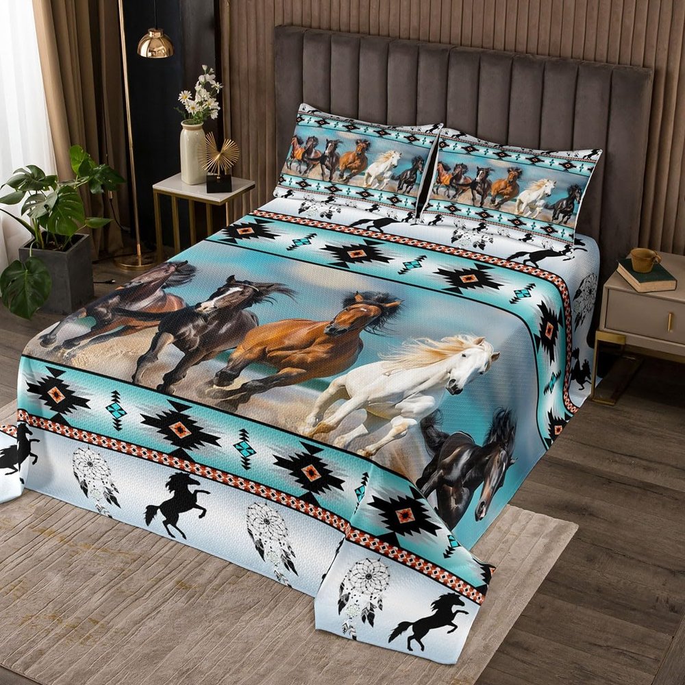 Aztec Bedspread African Tribal Horse Printed Quilted,Farm Animals Coverlet Set Ethnic Tribe Arrow Dream Catcher Quilt Set Twin,Southwest Native Exotic Nordic Style Room Decor