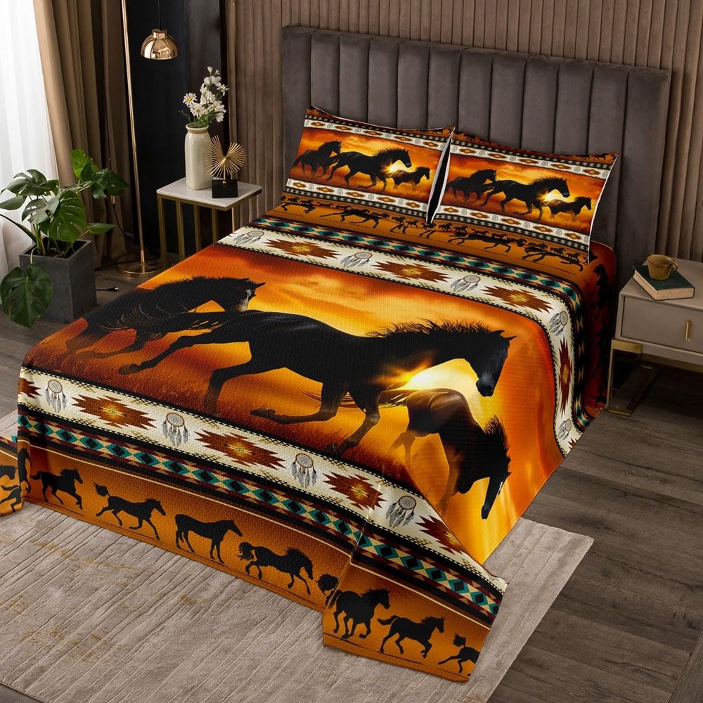 Brown Aztec Bedspread African Tribal Horse Printed Quilted,Farm Animals Coverlet Set Ethnic Tribe Arrow Dream Catcher Quilt Set Queen,Southwest Native Exotic Nordic Style Room Decor