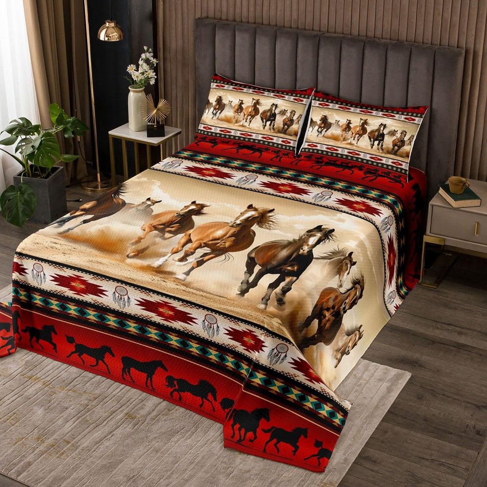 Aztec Bedspread African Tribal Horse Printed Quilted,Farm Animals Coverlet Set Ethnic Tribe Arrow Dream Catcher Quilt Set Twin,Southwest Native Exotic Nordic Style Room Decor