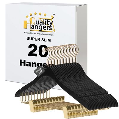 20 Luxury 16.5" Ultra Thin Space Saving Black Wooden Skirt Pant Hangers, 360 Degree Swivel Hook, Best for Suit, Coat Hangers Pants, Blouses, Dress Hangers Black with Gold Hook (Skirt/Blouse, 20)