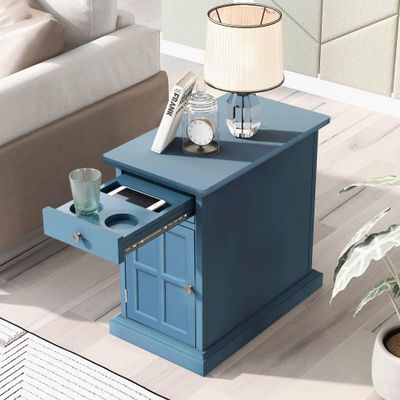 Aiuyesuo Multifunctional Classic Vintage End Table with USB Ports and 1 Drawer with Cup Holders, Sofa Side Bedside Nightstand Narrow Table for Living Room Bedroom (Antique Navy)