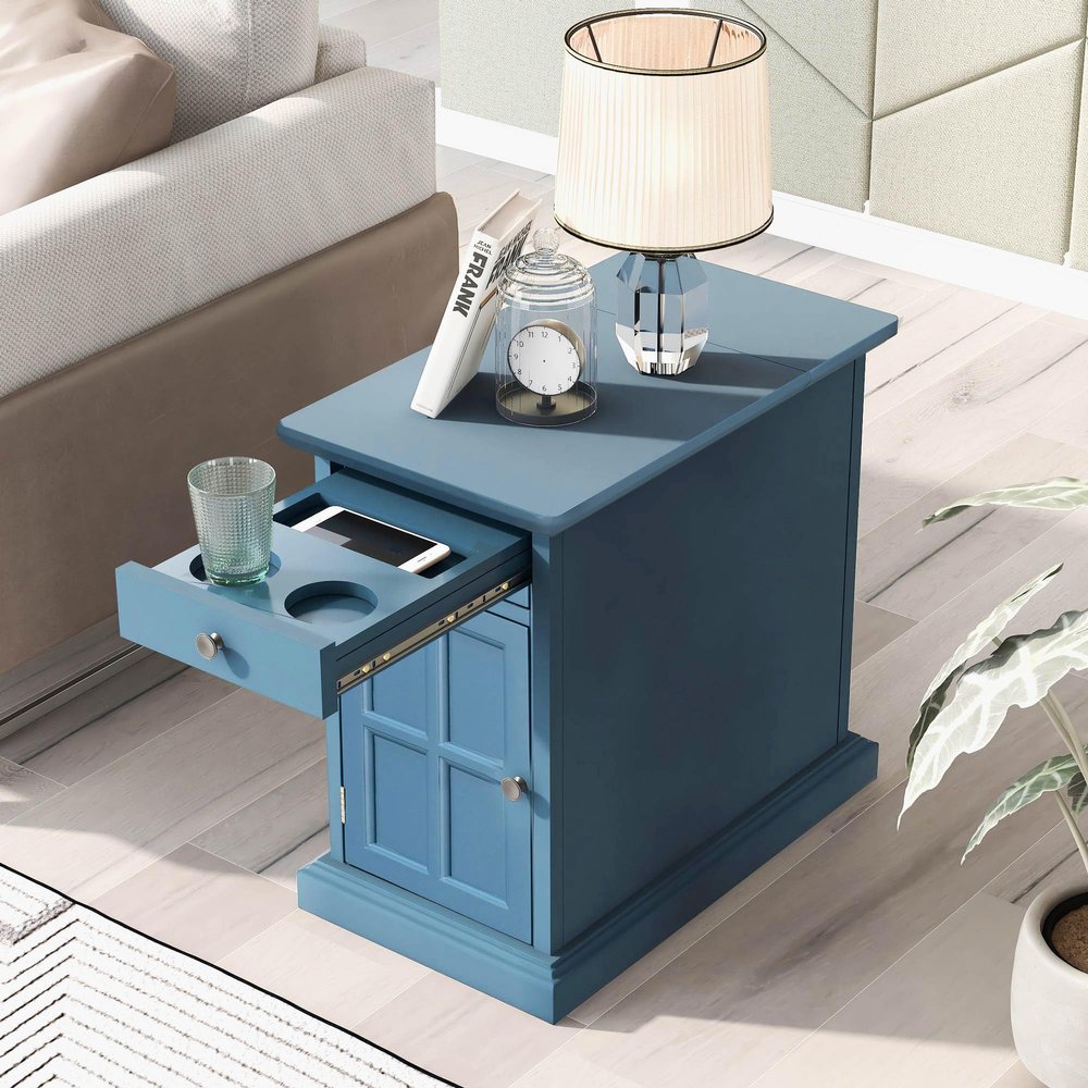 Aiuyesuo Multifunctional Classic Vintage End Table with USB Ports and 1 Drawer with Cup Holders, Sofa Side Bedside Nightstand Narrow Table for Living Room Bedroom (Antique Navy)