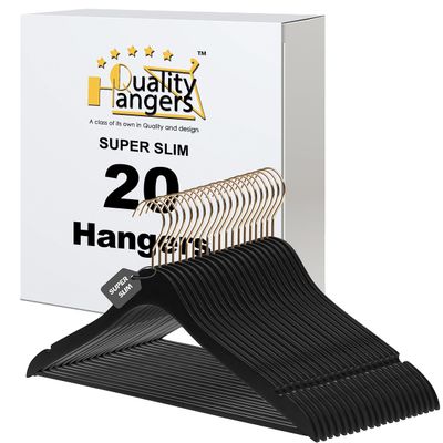 20 Luxury 16.5" Ultra Thin Space Saving Black Wooden Hangers, 360 Degree Swivel Hook, Best for Suit, Coat, Shirts, Blouses, Pant, Dress Hangers Black with Gold Hook