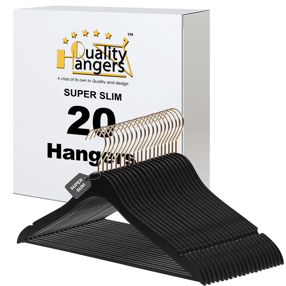 20 Luxury 16.5" Ultra Thin Space Saving Black Wooden Hangers, 360 Degree Swivel Hook, Best for Suit, Coat, Shirts, Blouses, Pant, Dress Hangers Black with Gold Hook