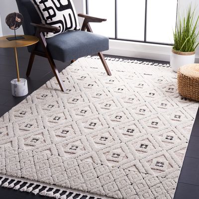 SAFAVIEH Area Rug 8x10 - Marrakech Collection - Large - Ivory & Grey, Moroccan Boho Tribal Tassel Design, Non-Shedding & Easy Cleaning, Ideal for Living Room, Bedroom, Office, Dining Space (MRK546A)