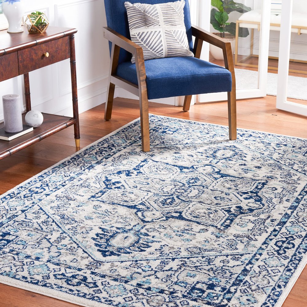 SAFAVIEH Area Rug 8x10 - Tulum Collection - Large - Ivory & Blue, Oriental Medallion Design, Non-Shedding & Easy to Clean, Ideal for Living Room, Bedroom, Dining Space (TUL286B)