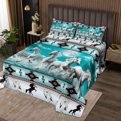 Aztec Bedspread African Tribal Horse Printed Quilted,Farm Animals Coverlet Set Ethnic Tribe Arrow Dream Catcher Quilt Set Queen,Southwest Native Exotic Nordic Style Room Decor