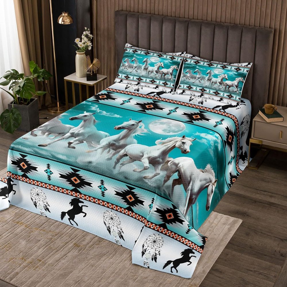 Aztec Bedspread African Tribal Horse Printed Quilted,Farm Animals Coverlet Set Ethnic Tribe Arrow Dream Catcher Quilt Set Queen,Southwest Native Exotic Nordic Style Room Decor