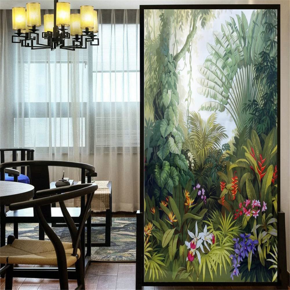 LXDWEI Decortive Window Film Privacy Rainforest Painting Static Cling Window Stickers No Glue Frosted Window Coverings Window Window Tint (W x L) 90x140cm(35.2"x55.1")