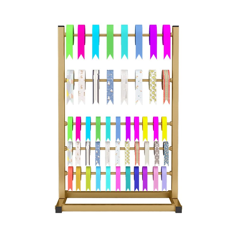 Gold Wide Satin Ribbon Display Holder, Ribbon Spool Rack Desktop Organizer, Vinyl Roller Craft Organizers and Storage with Removable Rod, Wrought Iron Frame (Color : Black)