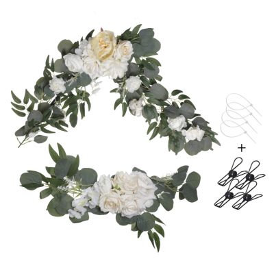 BestAlice Wedding Arch Flowers Set of 2, Artificial Flower Swag Floral Swag Dusty Blue Wedding Decor, Rustic Artificial Eucalyptus Greenery Floral Swag for Wedding Arch Ceremony Sign Chair, Champagne