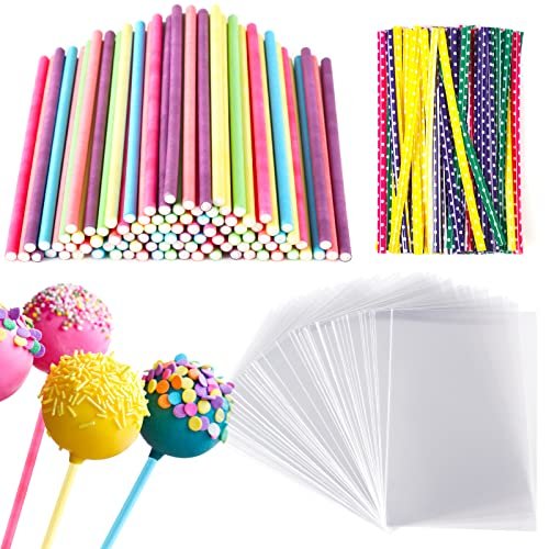 300-piece Cake pop Sticks Set, 100 Candy Bags, 100 Lollipop Sticks with 100 Twist Ties for Sweets, Pastries, Biscuits, Sweets (Colourful)