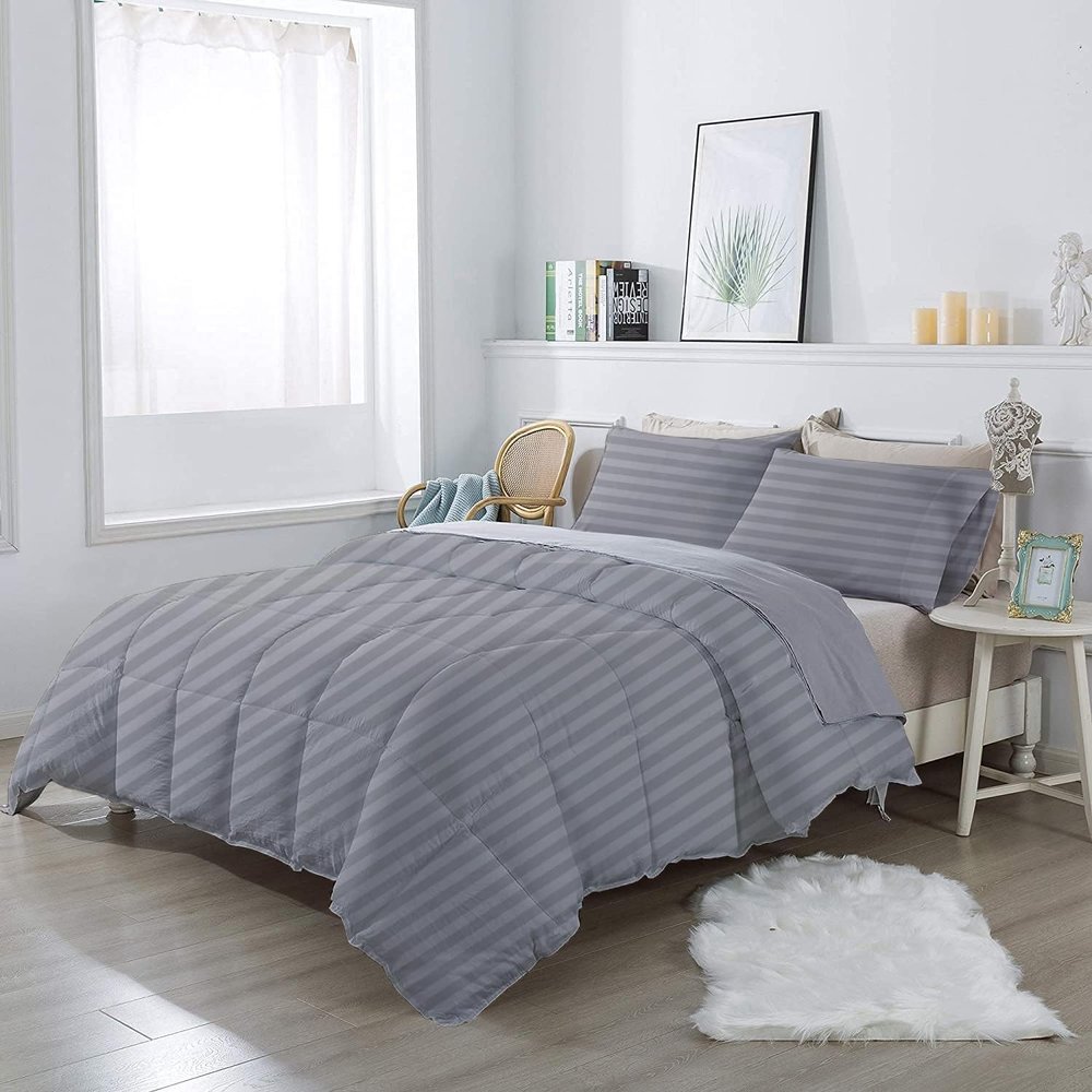 1Pcs Comforter 100% Egyptian Cotton 800 Thread Count - Super King Plus Size (120" x120") Inch,Soft and Breathable Comforter - Silver Stripe