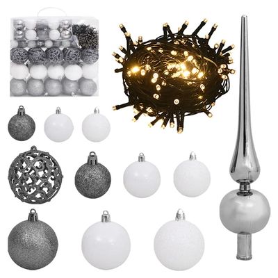 120 Piece Christmas Ball Set with Peak and 300 LEDs,Christmas Ornaments,Holiday Wedding Party Decoration Ball,Christmas Tree Decorations,with USB Connection,for Home, Bedroom,Wedding, White&Gey