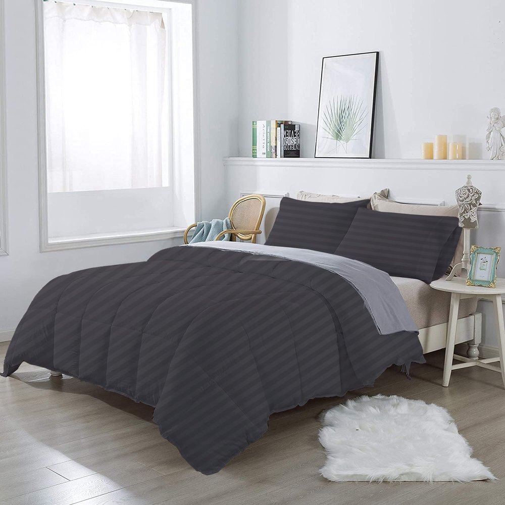 1Pcs Comforter 100% Egyptian Cotton 800 Thread Count - Super King Plus Size (120" x120") Inch,Soft and Breathable Comforter - Dark Grey Stripe