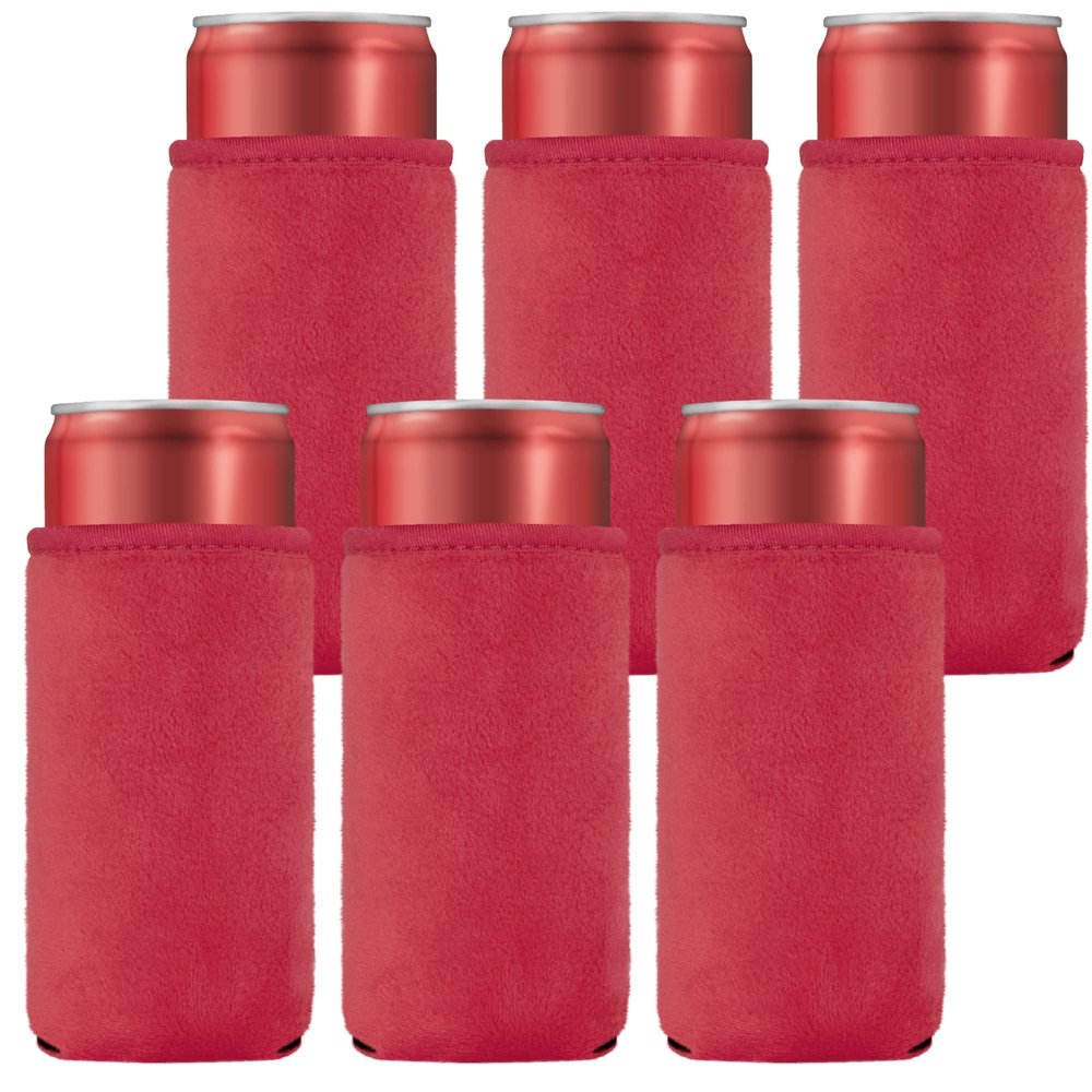 Casa-Eco Faux Fur Blank Tall Skinny Can Coolers, Fluffy Plush Insulated Neoprene Slim Beverages Can Sleeves, DIY, HTV Vinyl Projects for Wedding, Bachlorette Party Favoris (6-Pack, Ruby Red)