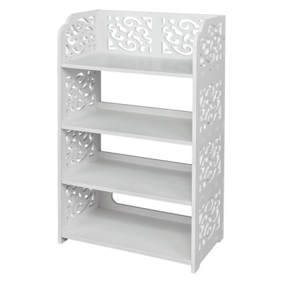 4 Tier Carved Shoe Rack Wood-Plastic Board Shoe Storage Holder White, Four Tiers Shoe Organizer Stand for Living Room, Hall, Study, Bedroom, Concise Rectangle, Simple Assembly, 4 Tier