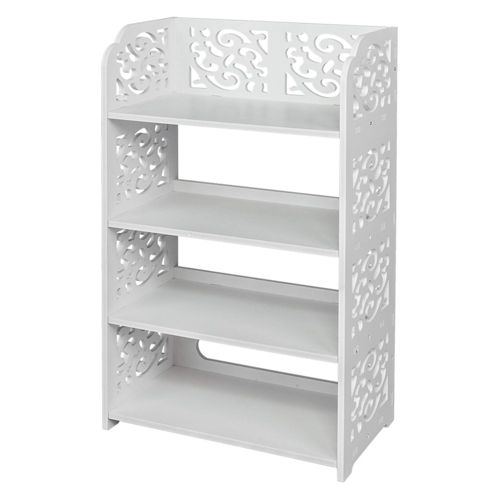 4 Tier Carved Shoe Rack Wood-Plastic Board Shoe Storage Holder White, Four Tiers Shoe Organizer Stand for Living Room, Hall, Study, Bedroom, Concise Rectangle, Simple Assembly, 4 Tier