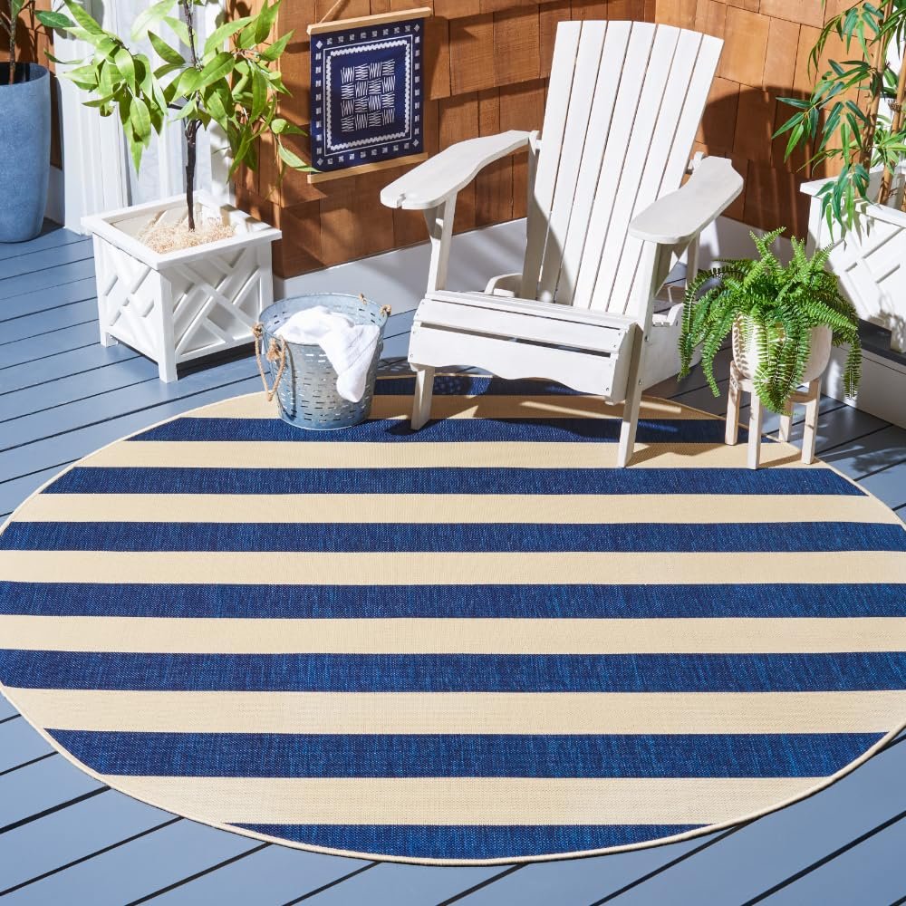 SAFAVIEH Washable Rug Outdoor Courtyard Collection - 6'7" Round, Beige & Navy, Non-Shedding & Easy Cleaning, Ideal for Patio, Backyard, Mudroom (CY6812-25812)