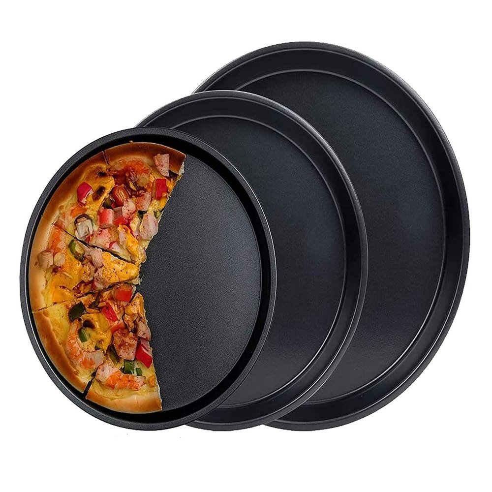 Anjali Enterprises Carbon Steel Pizza Tray for Microwave Oven Non Stick Baking Pizza Pan - Set of 3 - Black - (20 cm - 23 cm - 25 cm)