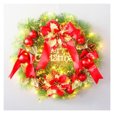 40cm Christmas Wreath with Lights Pre-lit Xmas Decorations Front Door Artificial Pine Garland with Christmas Baubles Berries Pine Cones for Door Wall Window Fireplace Decoration (Color : Red, Size :