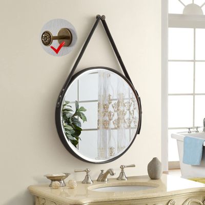 Imported Leather Round Wall Mirror, Hanging Decorative Mirror Adjustable Belt, HD Makeup Mirror for Bathroom Living Room Bedroom, Complimentary Beautiful Hooks (Color : Black, Size : 60cm/23.6in)