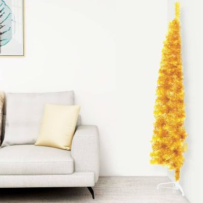 Gecheer Slim Artificial Half Christmas Tree, Gold PVC Skinny Cone-Shaped Indoor Decoration for Living Room, 70.9 Inch Height