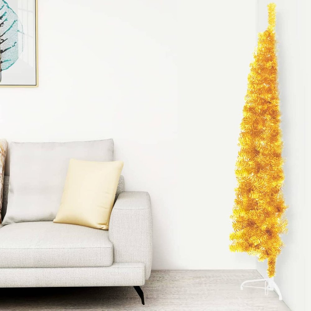 Gecheer Slim Artificial Half Christmas Tree, Gold PVC Skinny Cone-Shaped Indoor Decoration for Living Room, 70.9 Inch Height