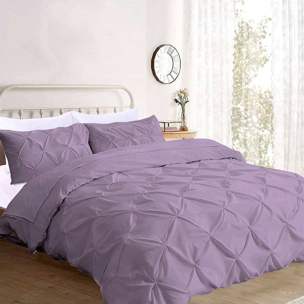 3 Pcs Pinch Pleated Premium Comforter Sets- Extra Long Down Alternative Comforter Set 500 GSM Fill 100% Egyptian Cotton Oversized Queen Size, Lavender 1 Pintuck Comforter with 2 Pillowsham