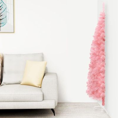 Gecheer Pink Slim Artificial Half Christmas Tree, Space-Saving Cone-Shaped PVC Indoor Decoration for Living Room
