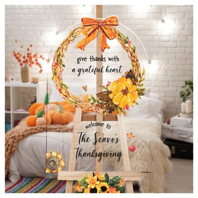 Personalized Fall Flower Wreath Thanksgiving Party Welcome Sign - Custom Give Thanks With A Grateful Heart Thanksgiving Welcome Sign - Welcome Sign For Your Glorious Thanksgiving Party (Acrylic)