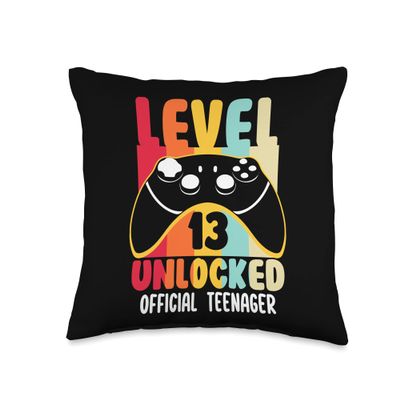 13th Birthday Gift Shirt Level 13 Unlocked Official Teenager Throw Pillow