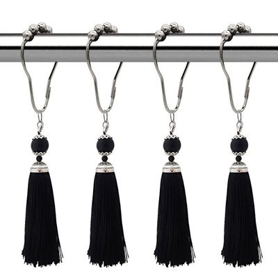 12Pcs Tassel Shower Curtain Hooks for Boho Bathroom Decor - Rust Proof Curtain Rings - Stainless Steels Metal Shower Hook with Tassel for Decorative Shower Rod Bathroom Hardware (Black)