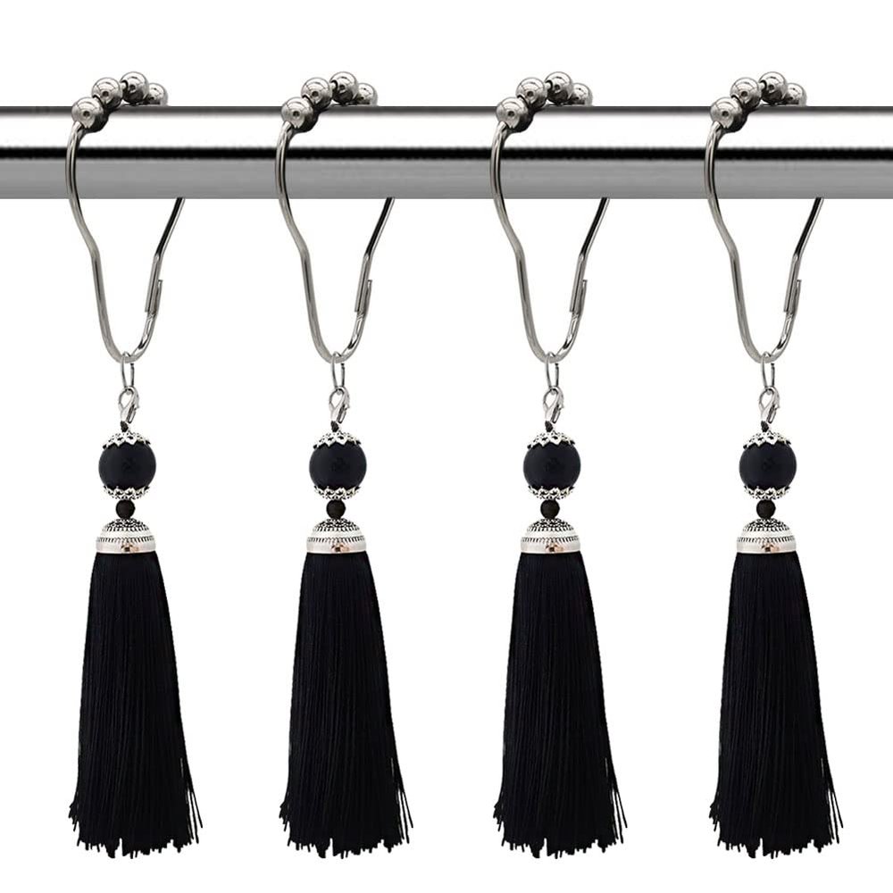 12Pcs Tassel Shower Curtain Hooks for Boho Bathroom Decor - Rust Proof Curtain Rings - Stainless Steels Metal Shower Hook with Tassel for Decorative Shower Rod Bathroom Hardware (Black)