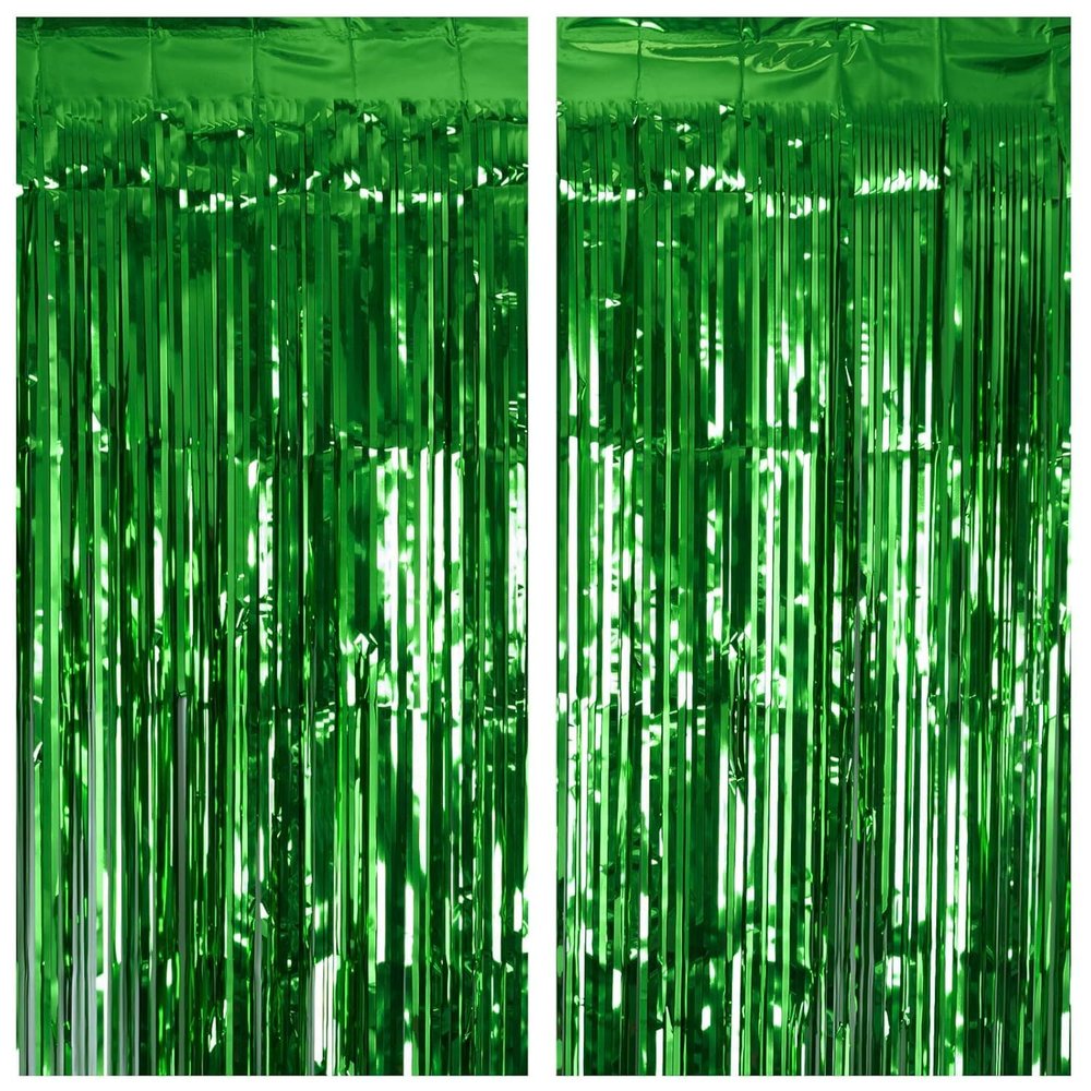2 Pack Green Tinsel Curtain Party Backdrop, 3.2Ft x 8.2Ft Metallic Tinsel Foil Fringe Curtains Photo Booth Props Background for Christmas St Patricks Day Safari Tropical Bachelorette Decorations