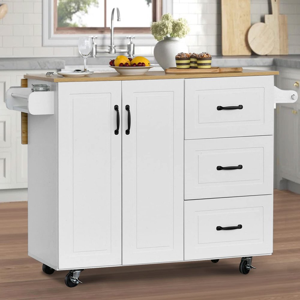 Kitchen Island with Storage, White Kitchen Cart with seating with Drop Leaf, Kitchen Island on Wheels with 2 Doors and 3 Drawers, Kitchen Island Cart with Spice Rack, Towel Rack and Wood Table Top