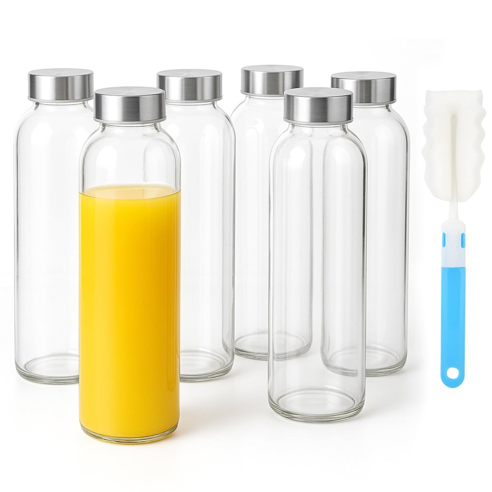Sursip 24oz Glass Water Bottle Set of 6, Leak Proof Clear glass juice bottle for juicing, Reusable Drinking Bottles with Stainless Steel Lid, Beverage Storage Containers for Refrigerator-BPA Free